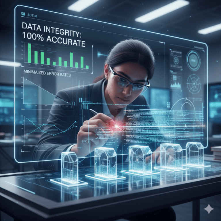 In a pristine, high-tech data validation center, a meticulous data professional, wearing precision magnifying glasses, leans over a holographic workbench where streams of raw data are visibly flowing. The data streams initially appear as slightly distorted, fluctuating patterns, but as they pass through various glowing 'validation gates' and 'error-correction nodes' on the workbench, they transform into perfectly aligned, crisp, and stable lines of information. The professional's hand, equipped with a subtle glowing stylus, points to a specific anomalous data point which is being highlighted and corrected in real-time. On a large, transparent screen behind them, a 'data integrity dashboard' displays a perfect 100% accuracy score, with intricate charts showing minimized error rates. The environment is calm, controlled, and emphasizes meticulous attention to detail. Ultra photorealistic, full frame, cool, precise laboratory lighting, sharp focus on the individual and the transforming data visualizations, detailed textures of polished surfaces, glowing digital elements, and human precision, illustrating the rigorous process of cleansing and validating data for absolute accuracy.
