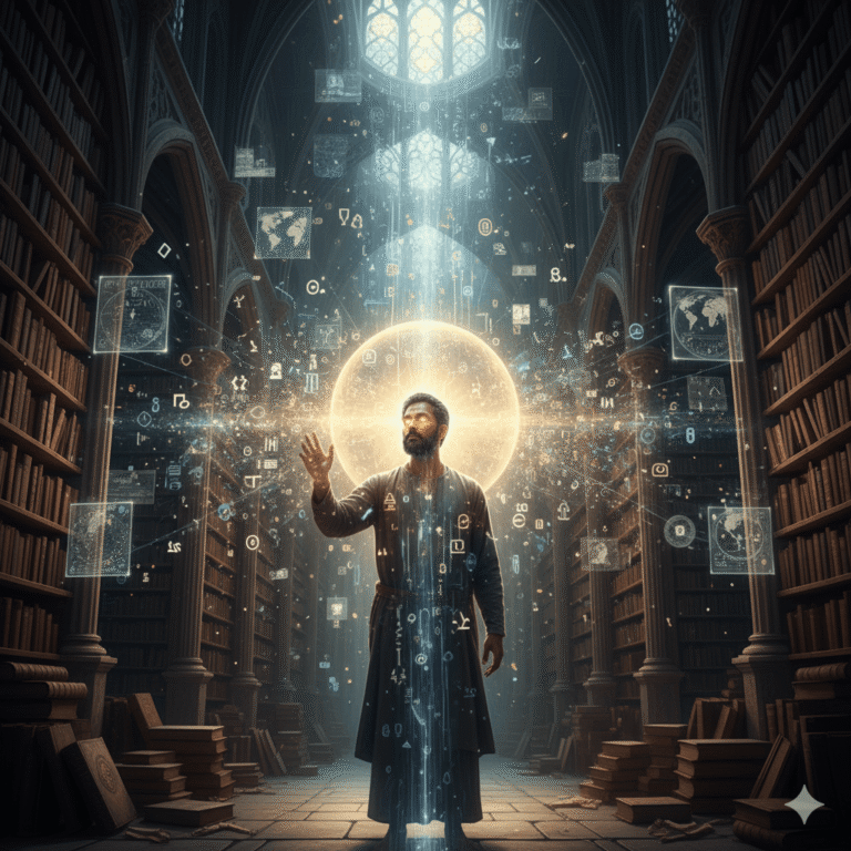 A solitary, contemplative individual stands in a vast, ethereal library or knowledge repository that blends ancient architectural grandeur with futuristic digital elements. Towering bookshelves stretch infinitely, filled with glowing tomes and scrolls, while between them, shimmering holographic projections of complex algorithms, historical archives, and global data networks interweave. The individual reaches out, and as their hand touches a central, radiant orb, streams of light containing diverse symbols, languages, and scientific formulas flow directly into them, illuminating their face with profound understanding. Their expression is one of awe, empowerment, and profound insight, as if they are downloading or instantly comprehending immense wisdom. The scene is both grand and intimate, emphasizing the personal connection to a universal source of information. Ultra photorealistic, full frame, dramatic chiaroscuro lighting (dark shadows, bright glowing elements), sharp focus on the individual and the converging knowledge streams, detailed textures of aged books, digital light, and human expression, illustrating the transformative impact of accessing profound knowledge