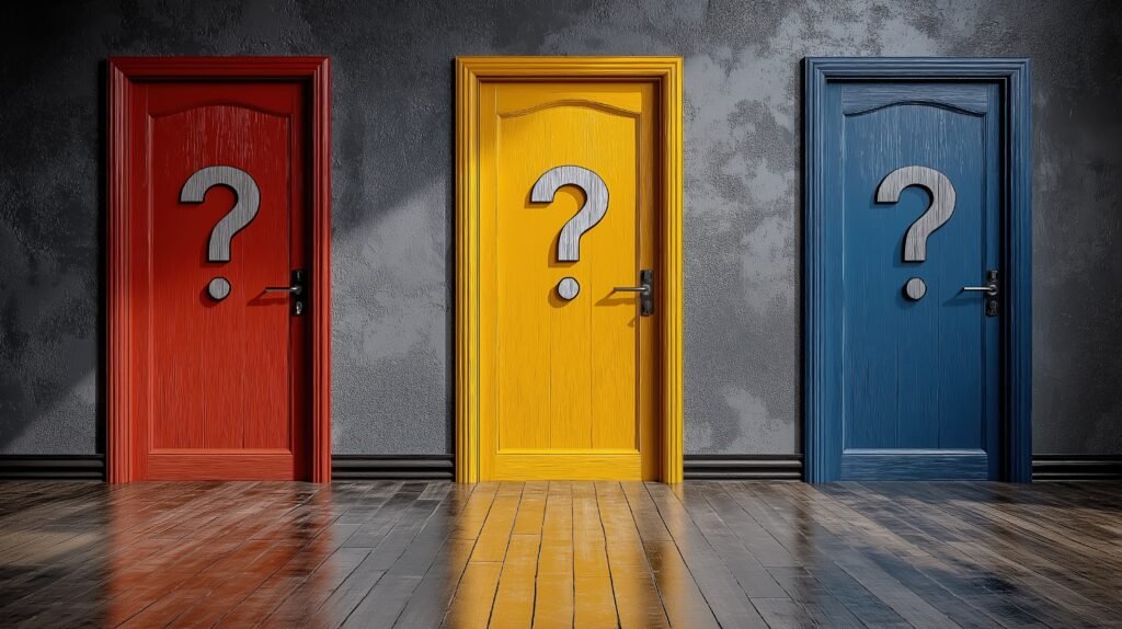 Hallway with multiple doors marked with question marks, symbolizing uncertainty and choices.