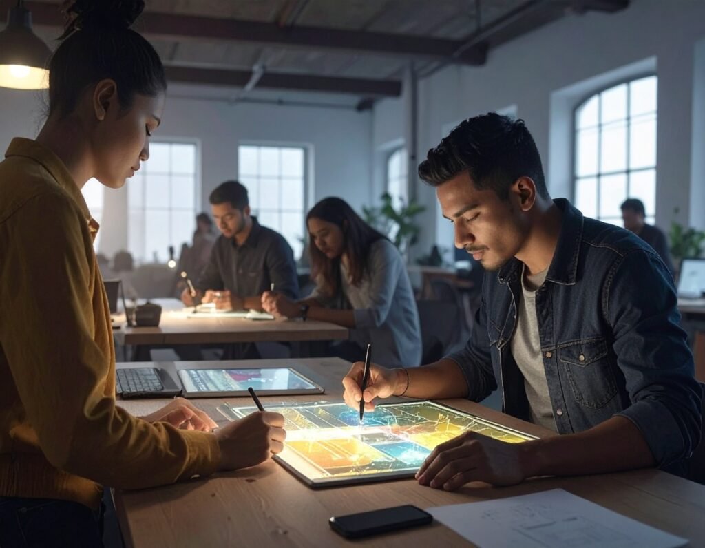 Open-plan studio space bathed in soft, creative light. Figures of diverse ethicities