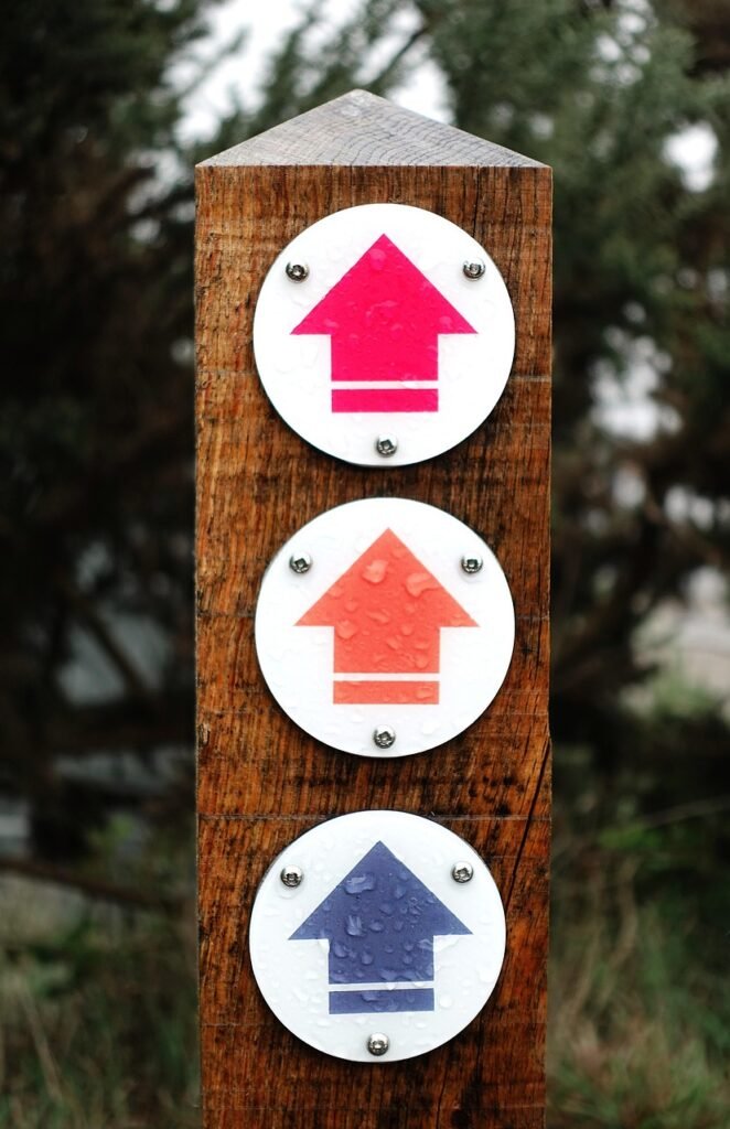 waymark, arrow, way, mark, nature, marker, sign, direction, up, three, triple, navigation, symbol, icon, pointer, walk, trail, hike, hiking, point, gps, position, pictogram, destination, pink, orange, blue, route, guide, upward, north